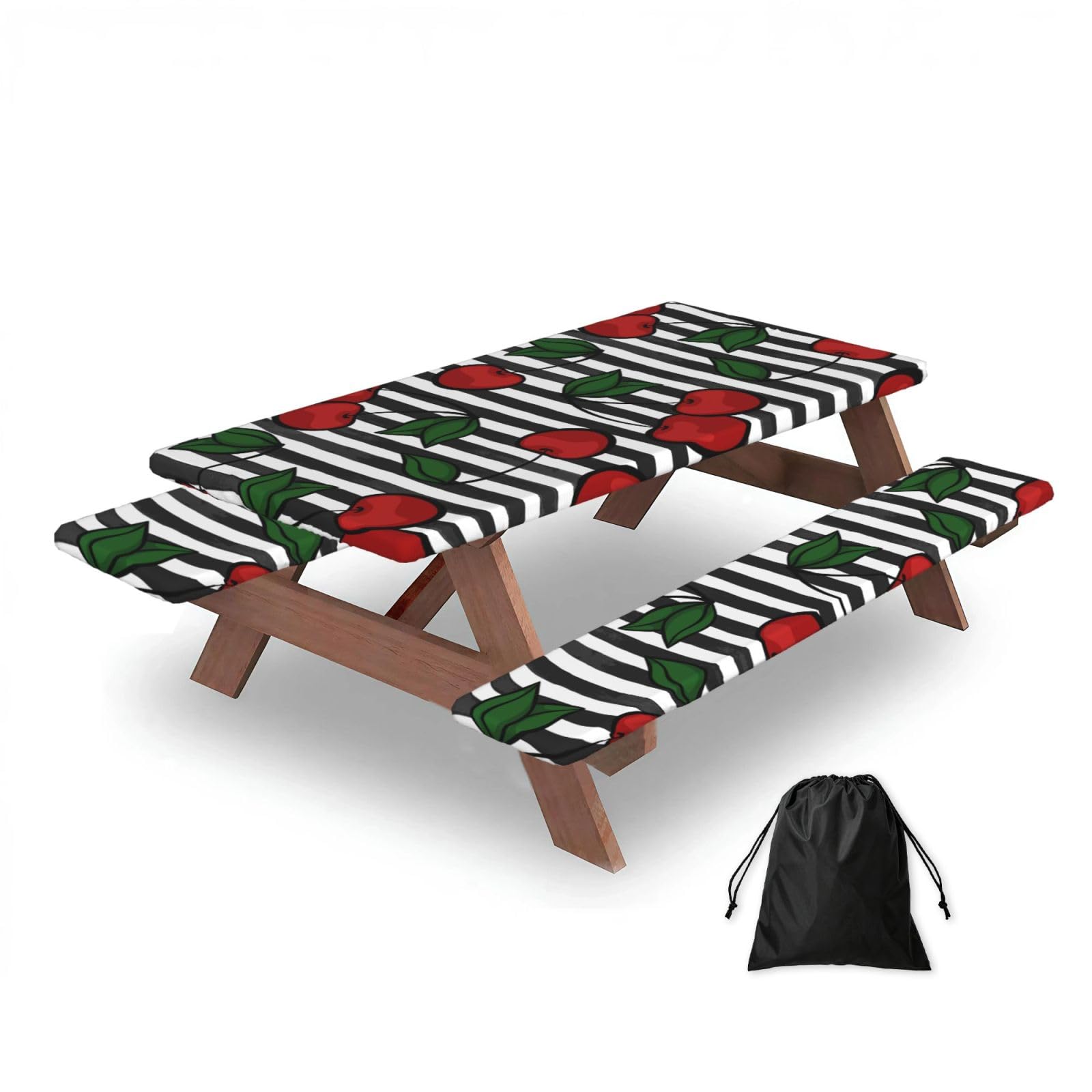 Dopklna As Picture With Cherry On Black And White, Picnic Table Cover With Bench Covers -Waterproof Elastic Fitted Tablecloth For Garden Camping Patio 76X152cm