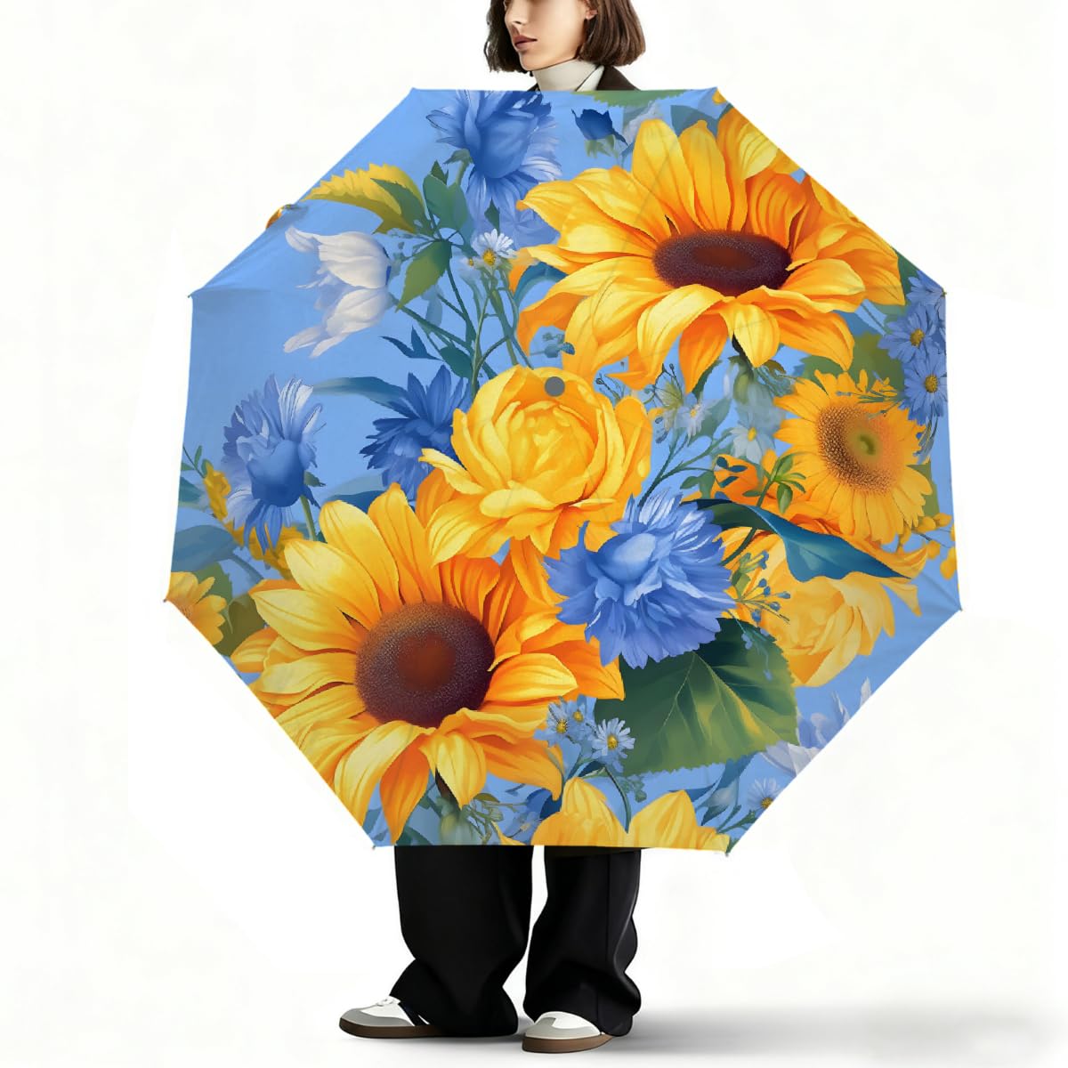 Ombrello pieghevole estivo astratto girasoli ombrello da viaggio compatto antivento impermeabile con protezione UV rivestimento nero leggero 8 coste portatile per pioggia sole