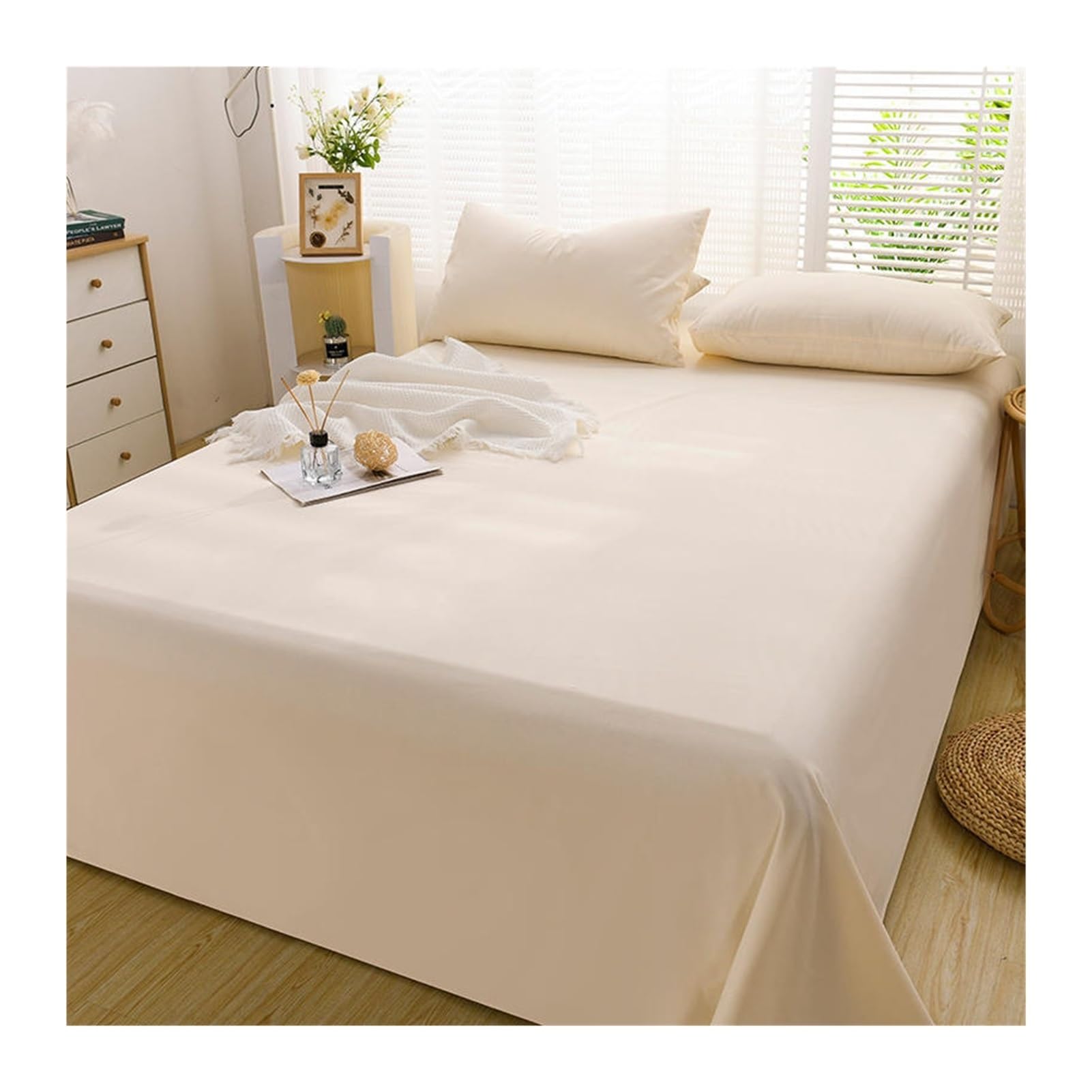 Bettlaken Betttuch Haustuch Laken 100% Baumwolle ohne Gummizug A-Klasse Gebürstet Einfarbig Weich Atmungsaktiv viele Farben und Größen(Beige,200x230cm+48x74cm x2)