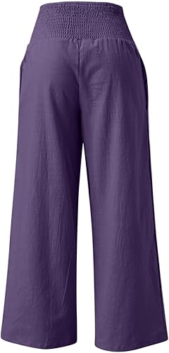 Miniatura 4 de SHAOBGE Pantalones palazzo de verano para mujer, cintura alta, pierna ancha, casual, cintura elástica, pantalones de playa con bolsillos