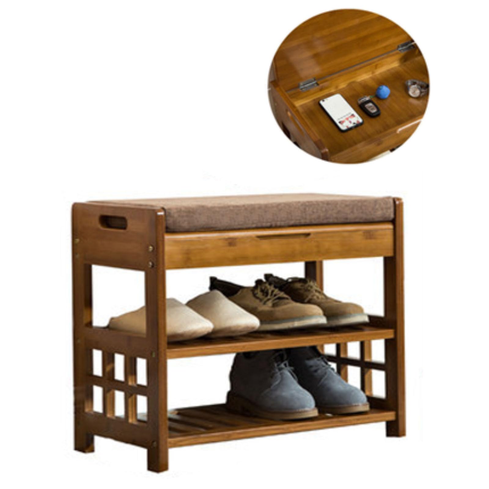 Tabouret à langer en noyer avec étagère à chaussures à 2 niveaux et compartiment pour chambre