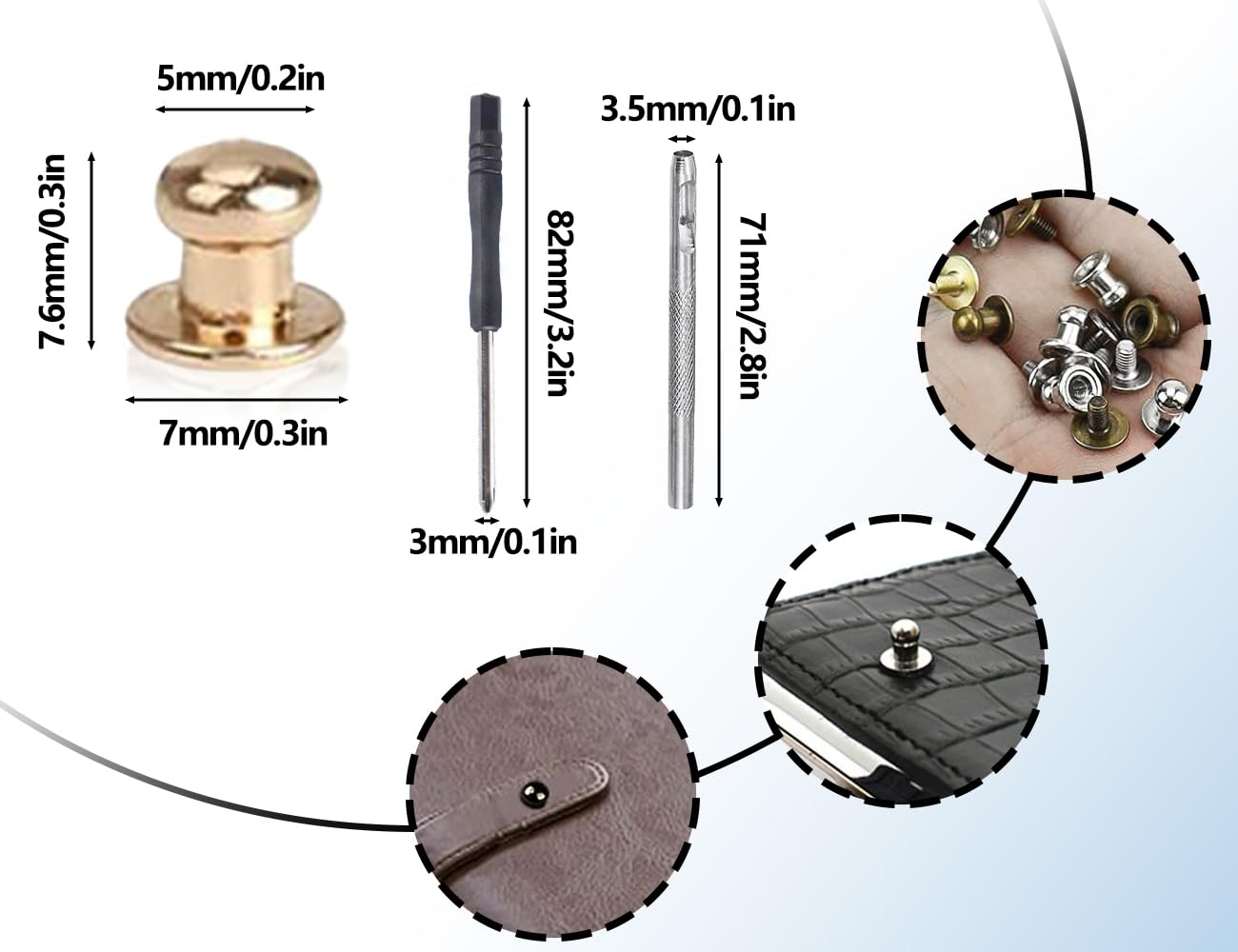 KAPSING 80 Pezzi Rivetti in Pelle, Rivetti a Vite da 5 mm, Rivetti a Vite con Strumento di punzonatura, Rivetti a Testa con Chiusura a Vite, per la Decorazione di Borse in Pelle Artigianali