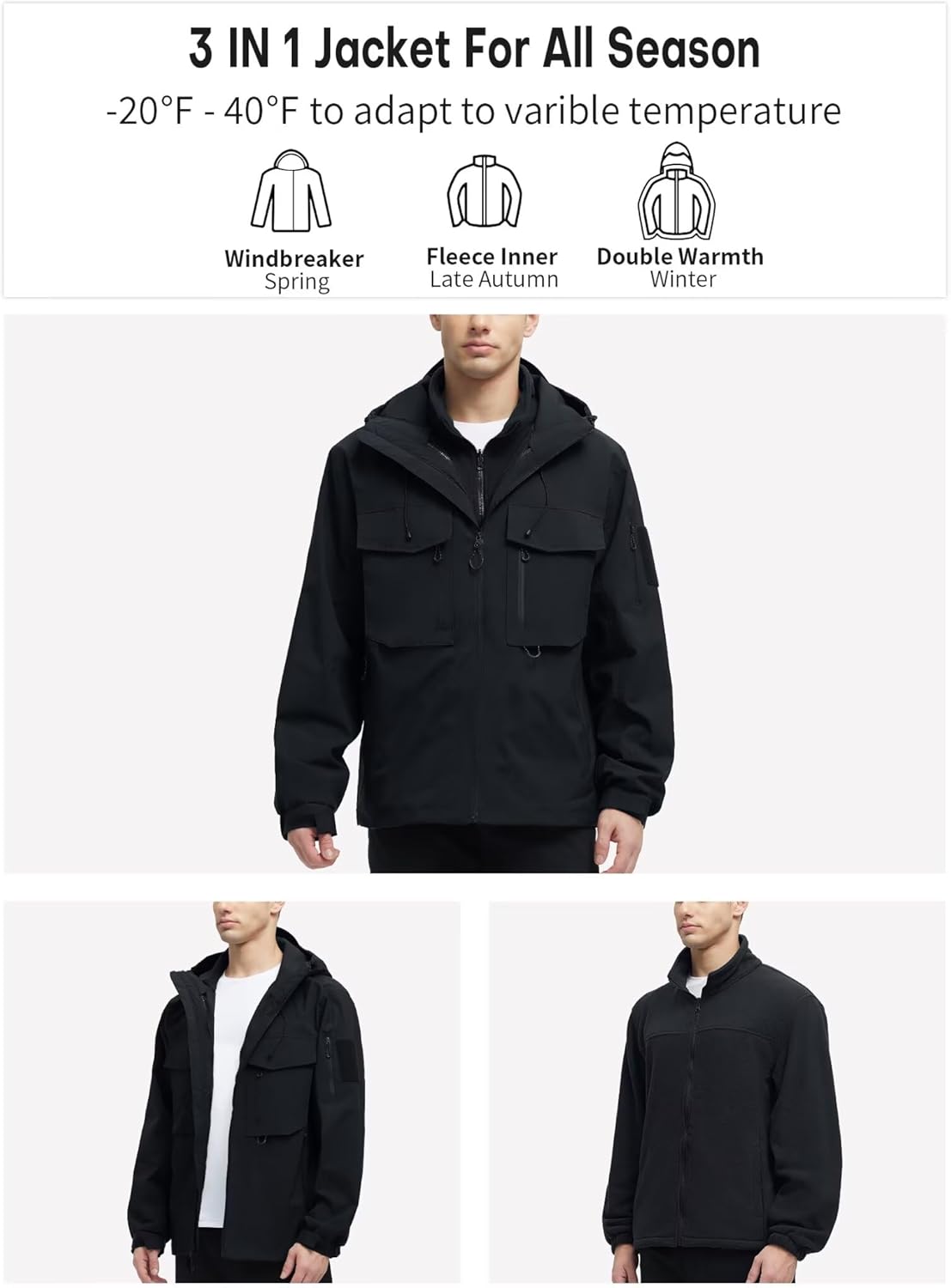 Men's 3 in 1 Waterproof Winter Ski Jackets Warm Windbreaker Snow Rain Coat Thermal Fleece Liner Hood - Image 2