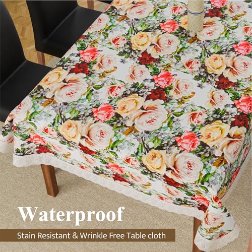 Image of Kuber Industries 60x90 Inch PVC Dining Table Cover 6 Seater Waterproof | Indoor and Outdoor Dining Table Cover /Sheet for Party and Events | Rose Design - White