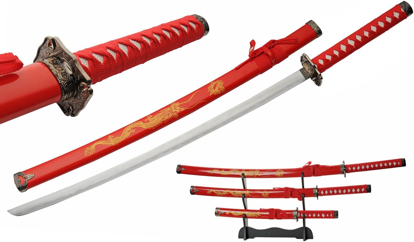 SZCO 39.5" Samurai Sword Set with Gold Dragon Scabbard – Katana Sword, Wakizashi, Tanto – Japanese Katana Real Sword Set with Display Stand