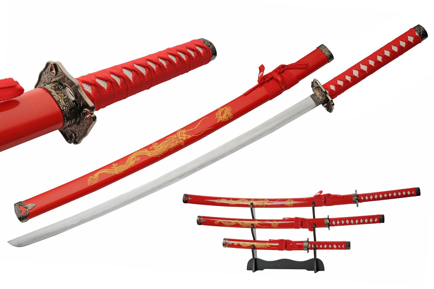 Red 3 Piece Dragon Samurai Sword Set with Display Stand