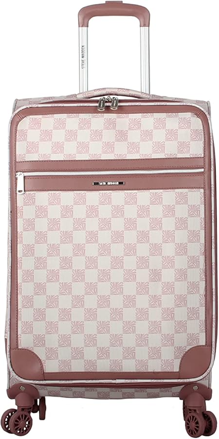 review Steve Madden Designer Luggage Collection - Lightweight 24 Inch Expandable Softside Suitcase - Mid-size Rolling 4-Spinner Wheels Checked Bag (Chalet Pink, 24in)