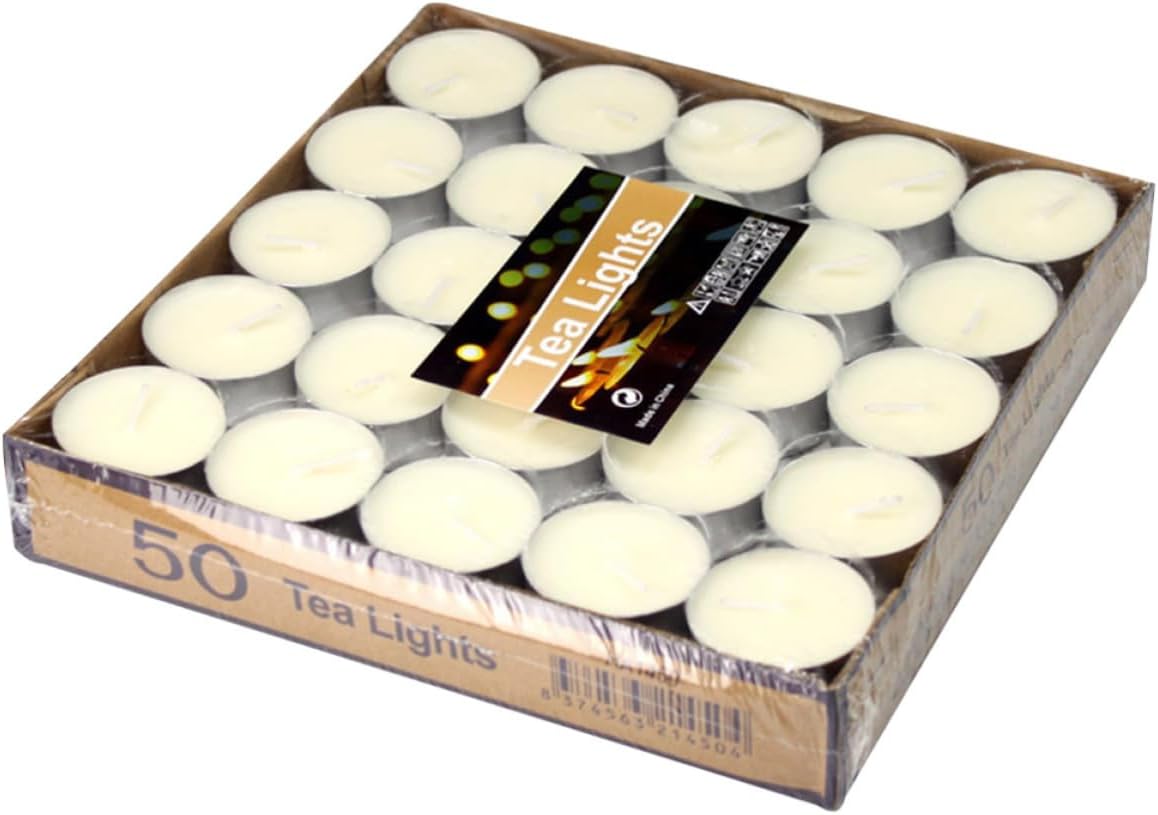 50pcs White Paraffin Tea Light Candles Round Shape Romantic Proposal Candle Adds Romantic Ambiance Not Easy to Break for Anniversary Dinner