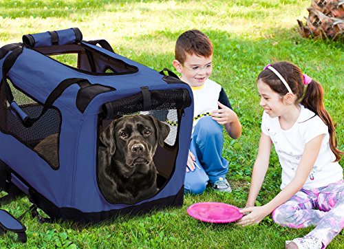 2PET Foldable Dog Crate - Soft, Easy to Fold & Carry Dog Crate for Indoor & Outdoor Use - Comfy Dog Home & Dog Travel Crate - Strong Steel Frame, Washable Fabric Cover, Frontal Zipper Large Blue - Thumbnail 4