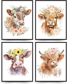 ETVISO Highland Cow Wall Art Prints Set of 4, Cows Pictures Wall Decor for Western & Highland Cow Lovers, Nursery Decor, Baby Shower Decorations 8x10 Unframed