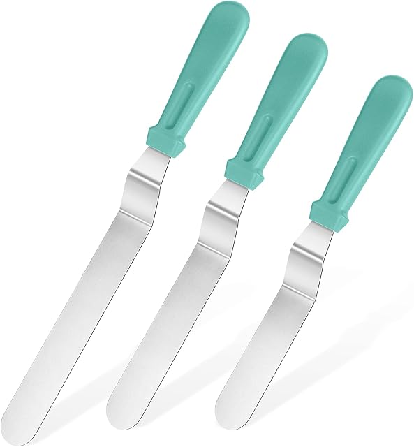 U-Taste Icing Spatula Set of 3: 18/0 Stainless Steel Cake Palette Knife, Angled Offset Spatula for Baking Cake Decorating Frosting, 15/20/25cm Metal Blade with 12cm PP Plastic Handle (Teal/Aqua Sky)