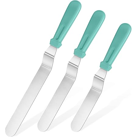 Icing Spatula, U-Taste Offset Spatula Set with 6", 8", 10" Blade, 18/0 Stainless Steel with PP Plastic Handle Angled Cake Decorating Frosting Spatula Set of 3 (Teal/Aqua Sky)