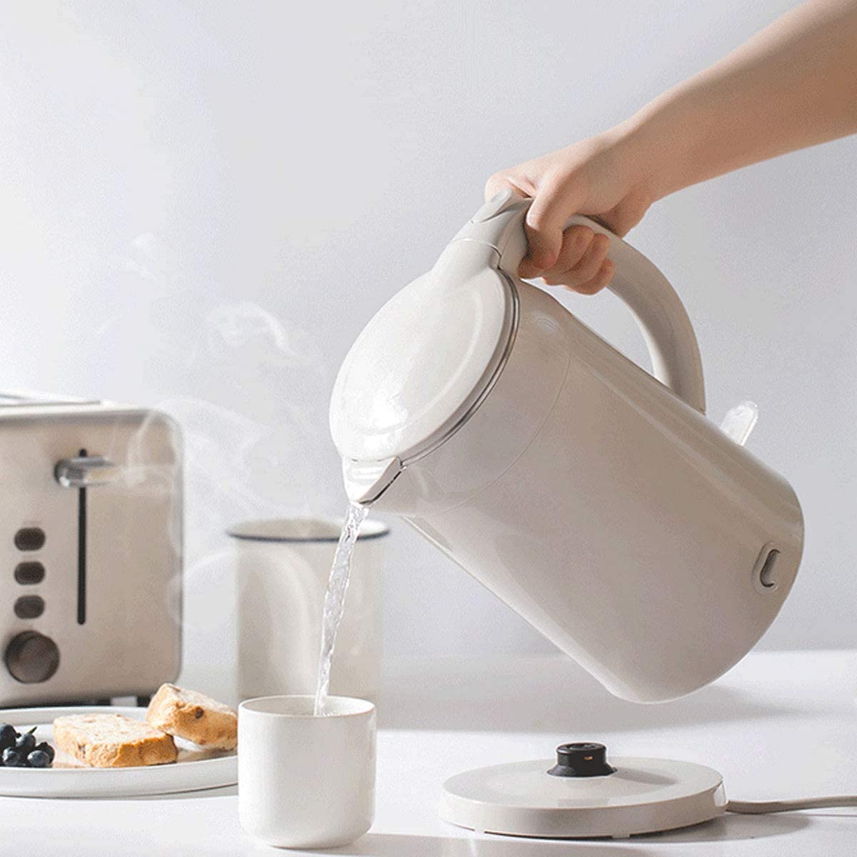 Hervidor eléctrico, Hervidor de agua acero inoxidable doble capa, 1,7 l, color beige, fácil usar, con luz indicadora