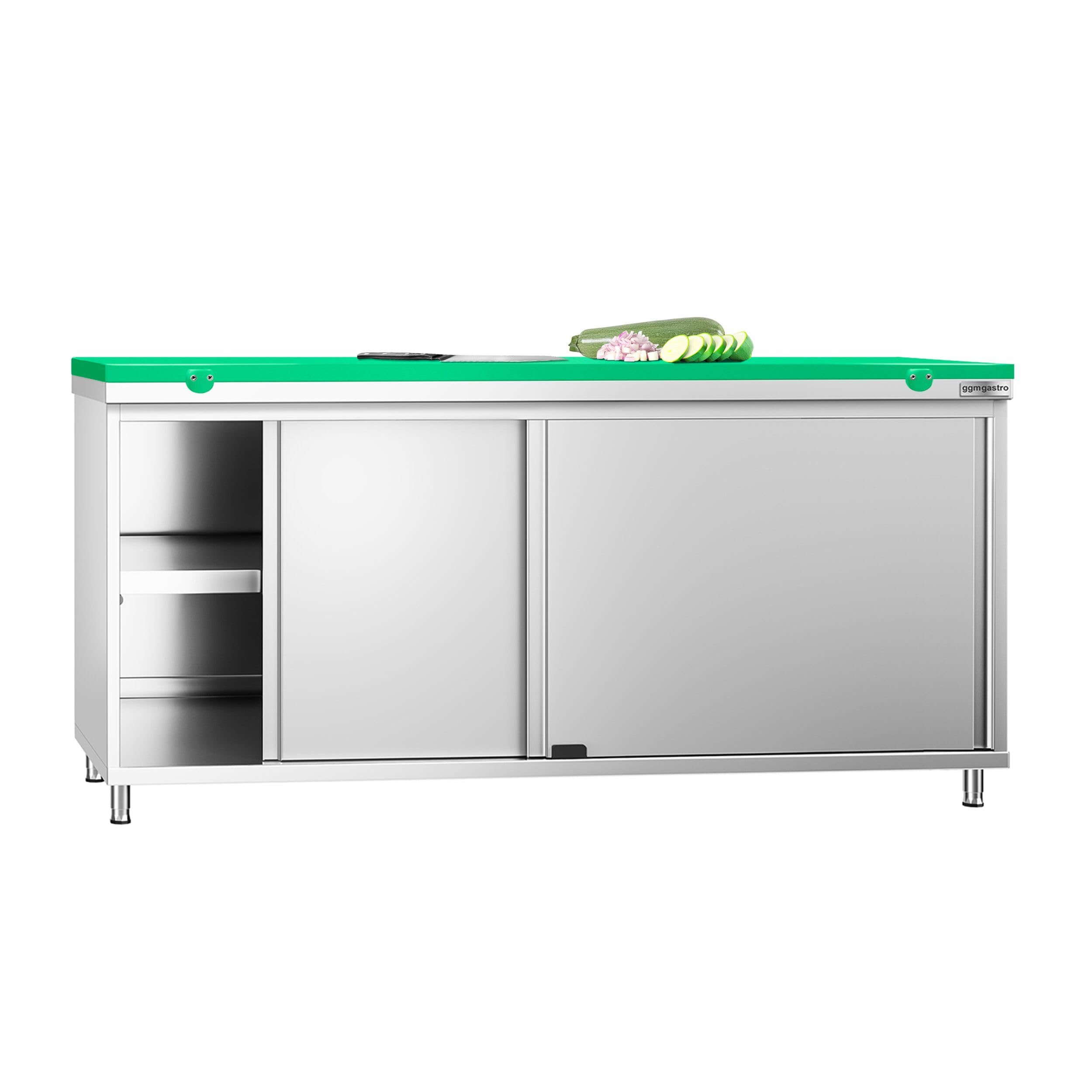 GGM Gastro | ASK186#FKPWT186 | Edelstahl Arbeitsschrank PREMIUM - 1800x600mm - mit Schiebetür - inkl. Schneideplatte Grün