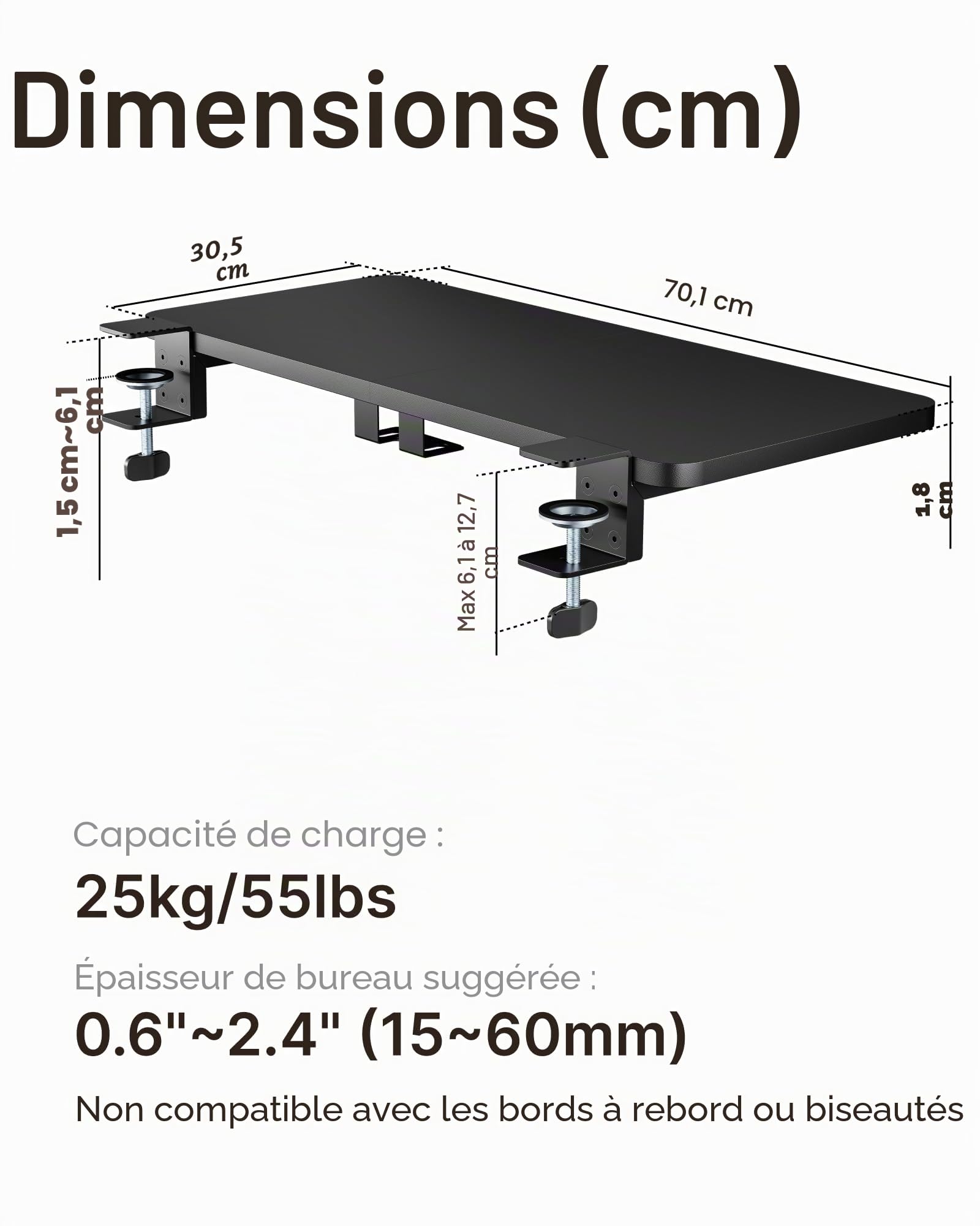 PEGZONE Extension de Bureau Ergonomique 700 × 300 mm, Noir | Extension de Bureau avec Support Ordinateur Portable, Support Clavier et Repose-Bras, pour Maison et Bureau