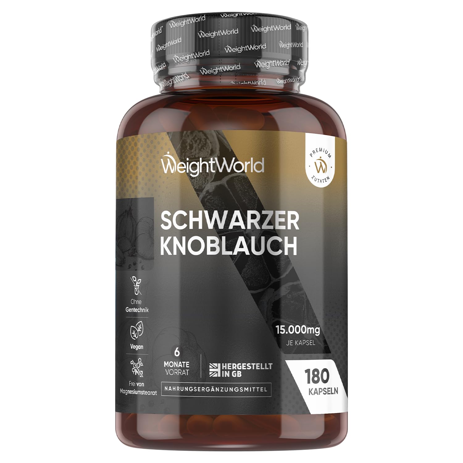 Schwarzer Knoblauch 100:1-15000 mg Knoblauch Extrakt pro Portion - Allium Sativum - 180 veganes Kapseln - 6 Monate Vorrat - Black Garlic - Frei von Magnesiumstearat - 1 Kapsel täglich - WeightWorld