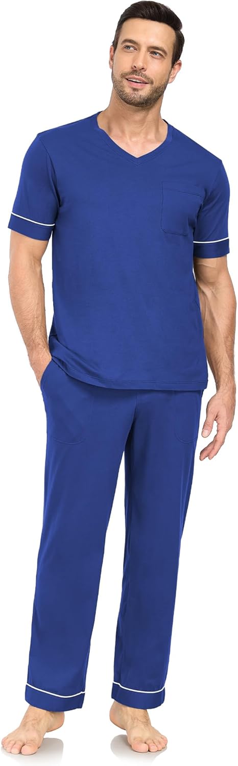 COLORFULLEAF Mens 100% Cotton Pajamas Set Short Sleeve V-Neck Sleepwear Soft Loungewear Pjs with Pockets - Image 7