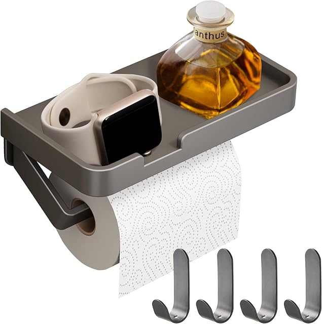 Toilet Roll Holder with Storage Box, Toilet Paper Holder with Shelf Adhesive, Detachable Design with 4 Towel Hooks, Grey Aluminum Toilet Roll Holder Wall Mounted for Bathroom Washroom Kitchen