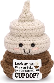 Positive Poo with Cupcake Shape, Emotional Support Cupoop Crochet Doll with Inspiration Card Funny Gag Gifts for Friends Coworker White Elephant