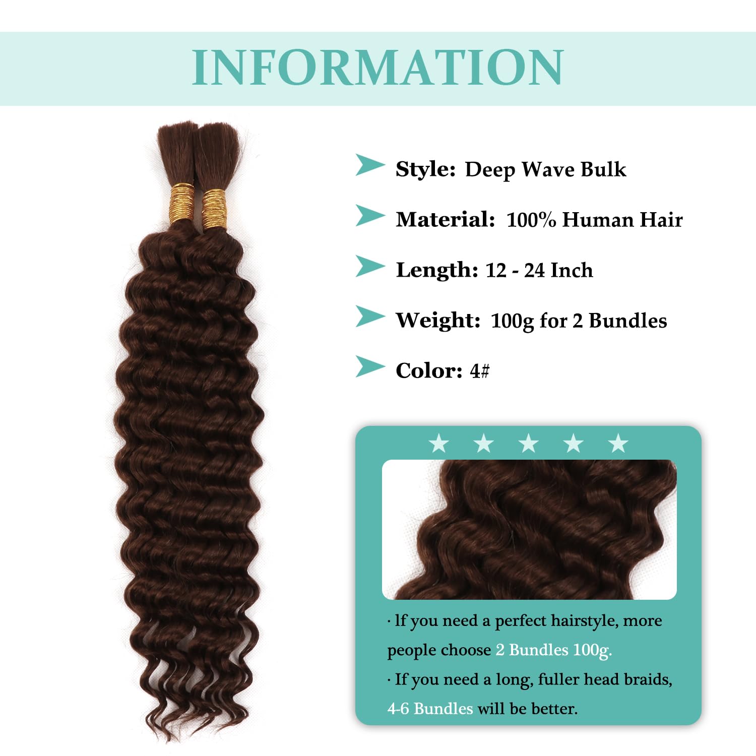 Human Braiding Hair for Boho Braids 12 Inch 100g Boho Braids Human Hair Extensions 2Bundles Wet And Wavy Curly Deep Wave Bulk Human Hair for Women (4# - Image 3