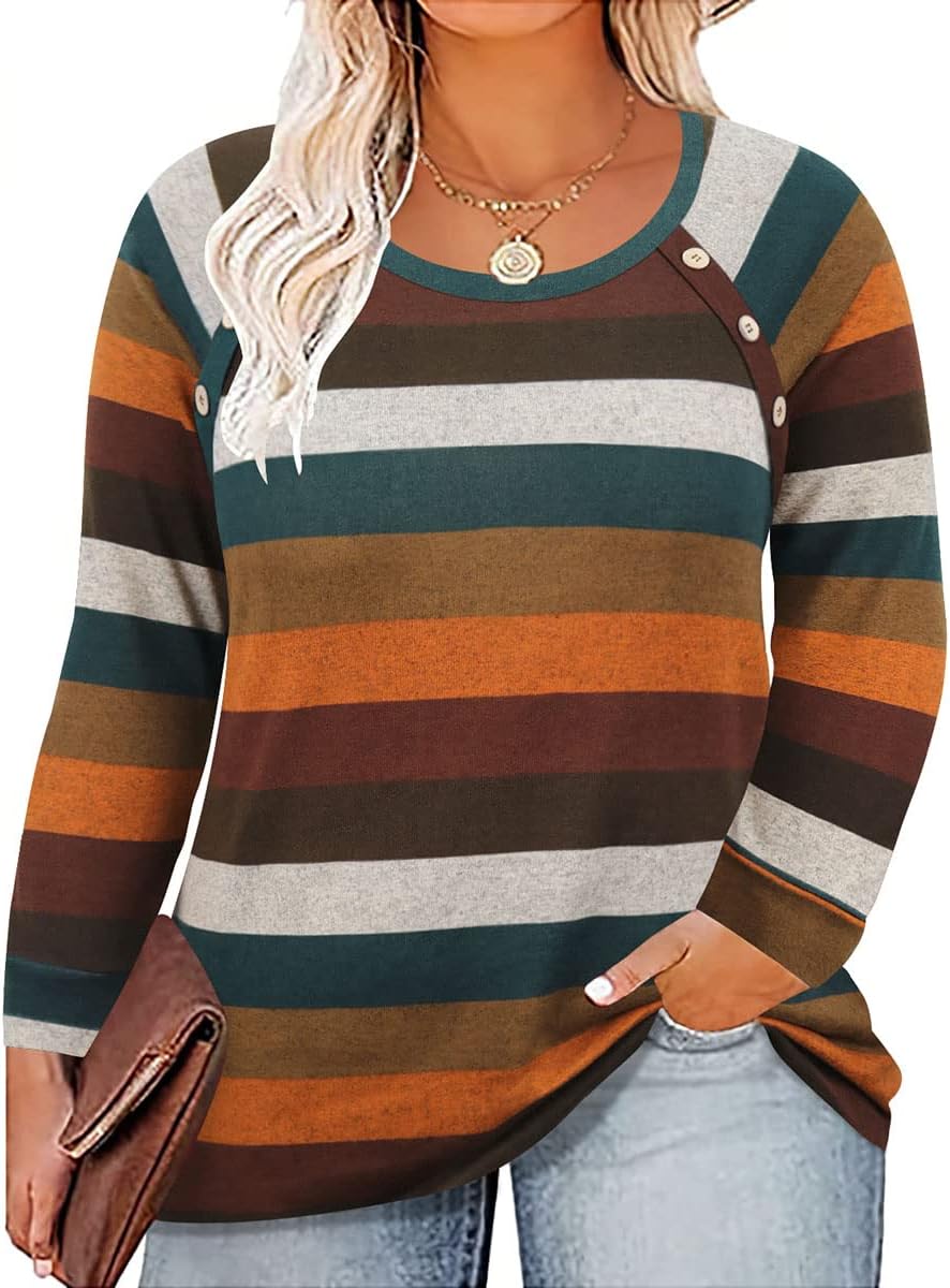 RITERA Plus Size Long Sleeve Tops - Colorblock Striped Tunic Blouses 1XL-5XL