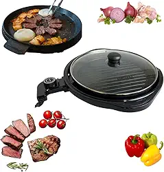 Grill Elétrico Redondo Premium com Termostato, 1200W, 40cm, Preto, Alumínio, Revestimento Antiaderente, 127V Carnes Hamburguer Grelhados Legumes Apartamento Balcão Camping