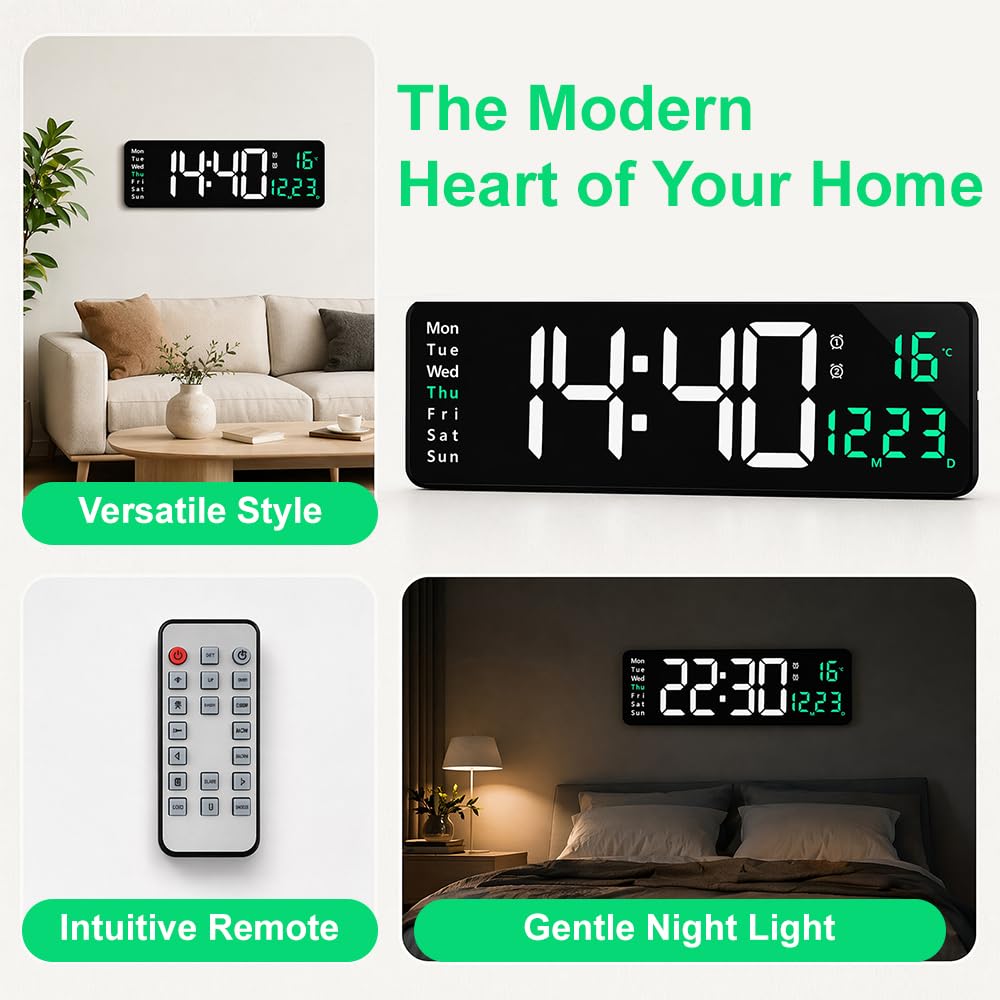 40,6 cm große digitale Wanduhr, LED-Digitaluhr mit Fernbedienung, Datum, Woche, Temperaturanzeige, Dual-Alarme, 12/24 Stunden, 10-stufiger Dimmer, Countdown-Timer für Wohnzimmer, Büro, Küche (grün)