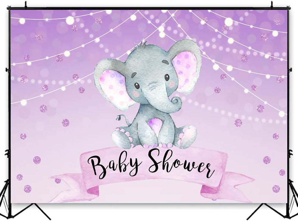Avezano Elephant Baby Shower Backdrop 7x5ft Bokeh Purple Glitter Photo Background Newborn Girls Party Decoration Supplies Dessert Table Banner