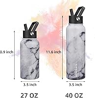 Vista 43 de BJPKPK - Botellas de agua aisladas con tapa de popote, botellas de agua de acero inoxidable de 40 onzas con 3 tapas, termo a prueba de fugas libre