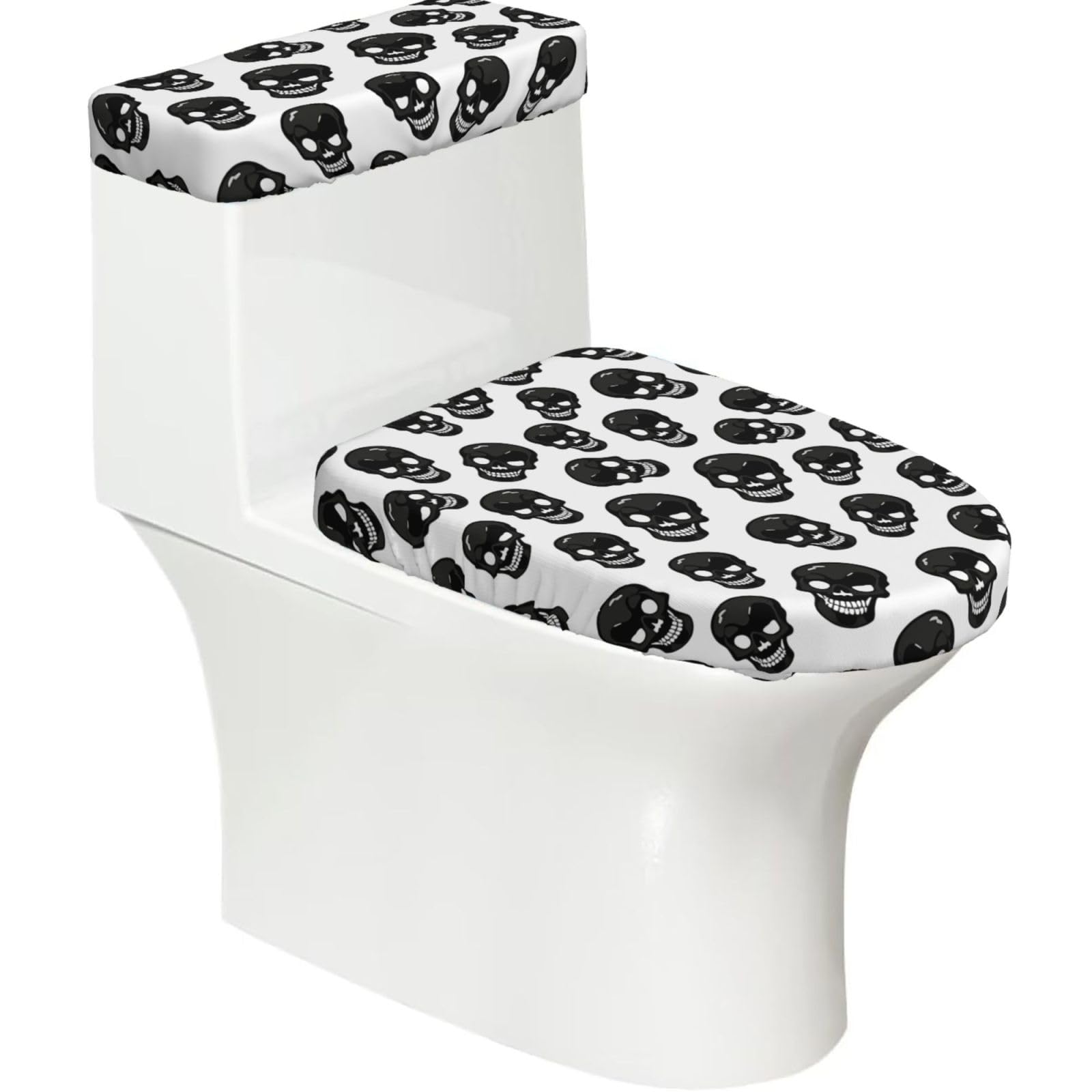 FekiLoot Skull Toilet Lid Cover and Toilet Tank Cover Set of 2,Dust Splash Resistant Toilet Top Covers Soft Washable Toilet Lid Seat Cover for Bathroom Office Home Decor