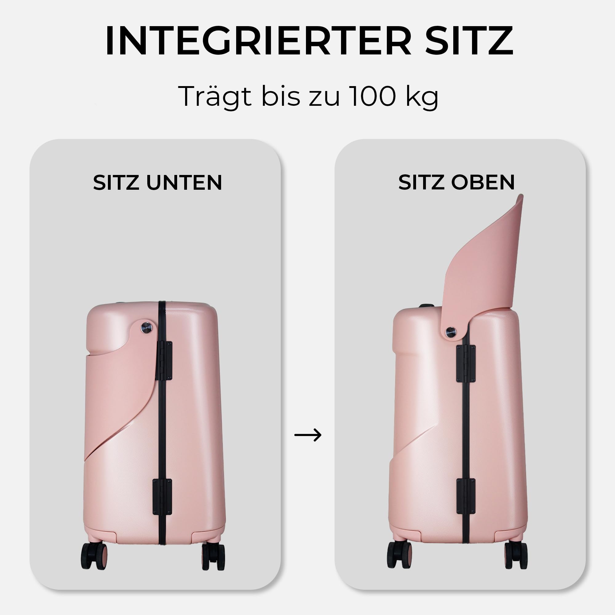 MiaMily Handgepäck mit 4 Rädern und Sitz für Kinder mit Sicherheitsgurt, wasserdichter Tasche, verstellbarem Griff und hartem Körper mit 43 Liter Fassungsvermögen