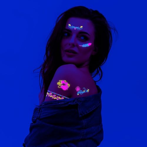 Miniatura 5 de 12 tatuajes temporales que brillan en la oscuridad de tamaño grande  Adhesivos fluorescentes fluorescentes de neón para adultos con purpurina