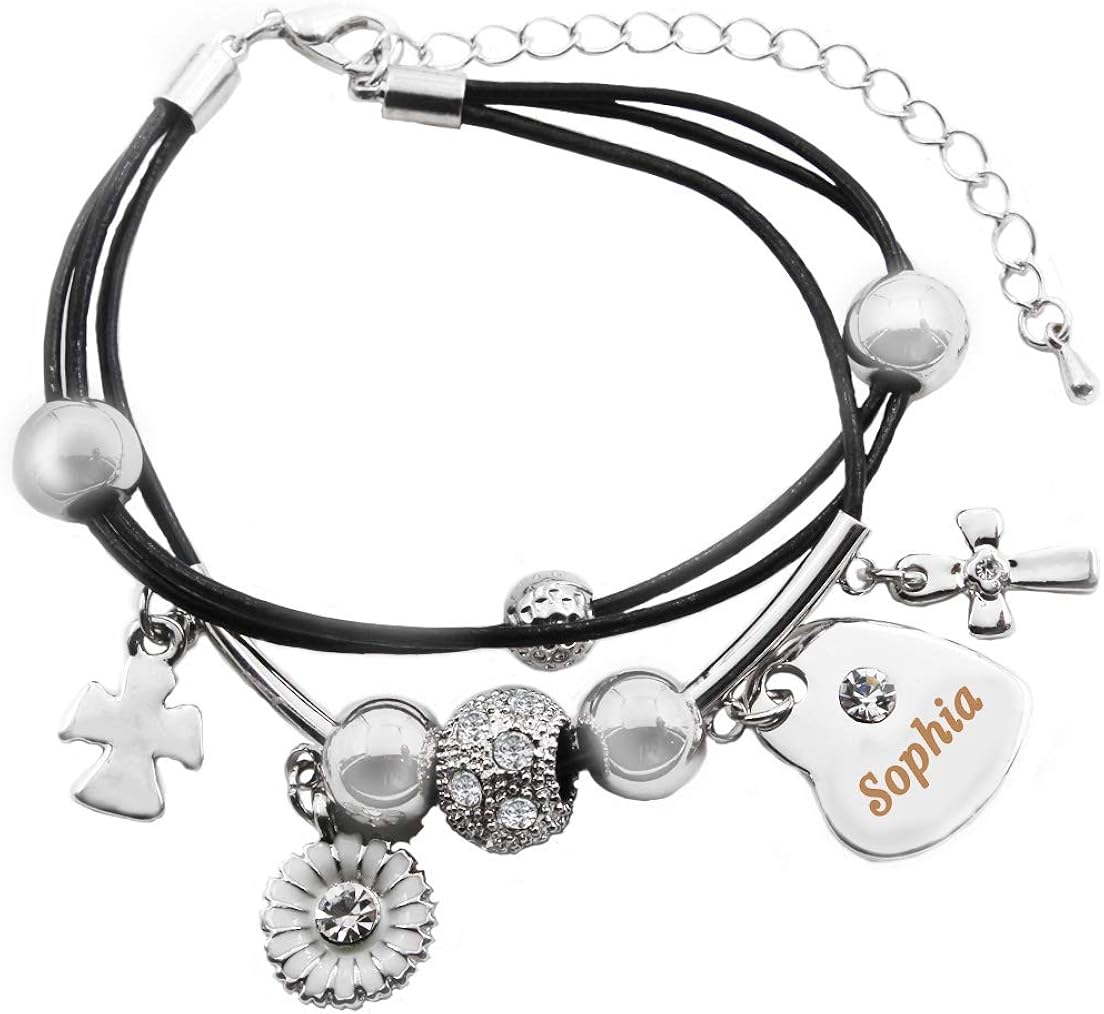 Kigu Sophia Name Bracelet - Genuine Leather Multi Strand Bracelet & 18K White Gold Plated Engraved Heart Charm