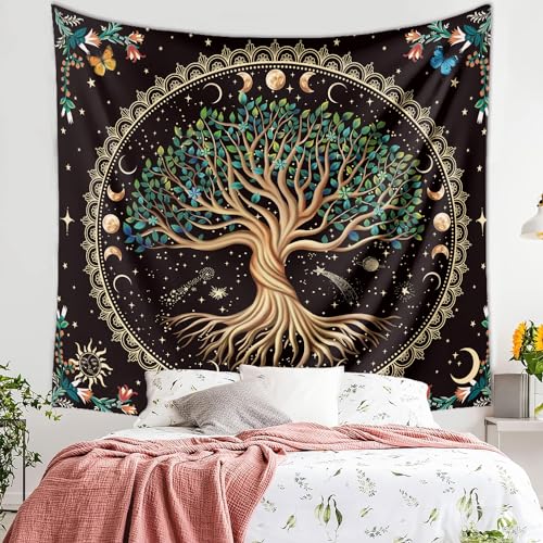Lang Xuan Moon Phase Tree Of Life Tapestry Nature Flower Plant Butterfly Tapestries Boho Mandala Spiritual Tapestry Aesthetic Wall Hanging For Home Decor Bedroom Living Room Dorm Decor thumb #8