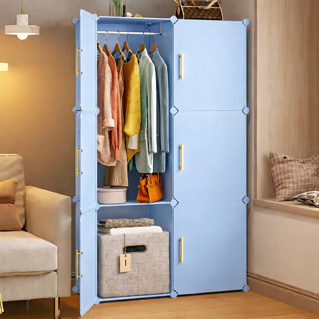 6 Door Multi-Purpose Organizer |𝐊𝐢𝐝𝐬 Printed 𝐏𝐥𝐚𝐬𝐭𝐢𝐜 Modular Storage Rack for Clothes, Kitchen, Living Room| Space-Saving Collapsible Wardrobe for Clothes/Books-Blue- W3