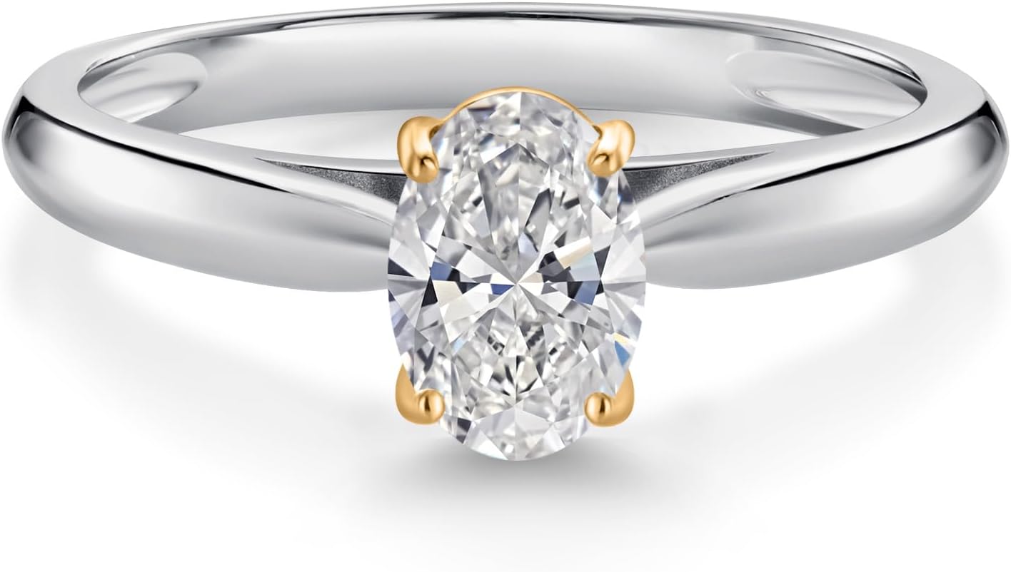 Gem Stone King 925 Sterling Silver and 10K Yellow Gold Gemstone Birthstone Solitaire Engagement Ring For Women | Oval 7X5MM | Wedding Anniversary Promise Ring For Women | Available In Size 5-9