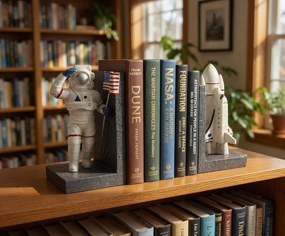 Bellaa Astronaut Bookends, Kids Room Decor, Space, Rocket Ship, 24650 | Decorative Book Ends Holders for Shelves, Nursery, Moon, Mars, Modern, Office, Library, Set of 2 White