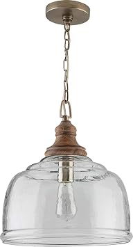 Capital Lighting 330318GY Julian Coastal Style Clear Organic Rippled Glass Pendant with Handcrafted Mango Wood Finial, 1-Light 60 Watt, 16" H x 14" W, Grey Wash