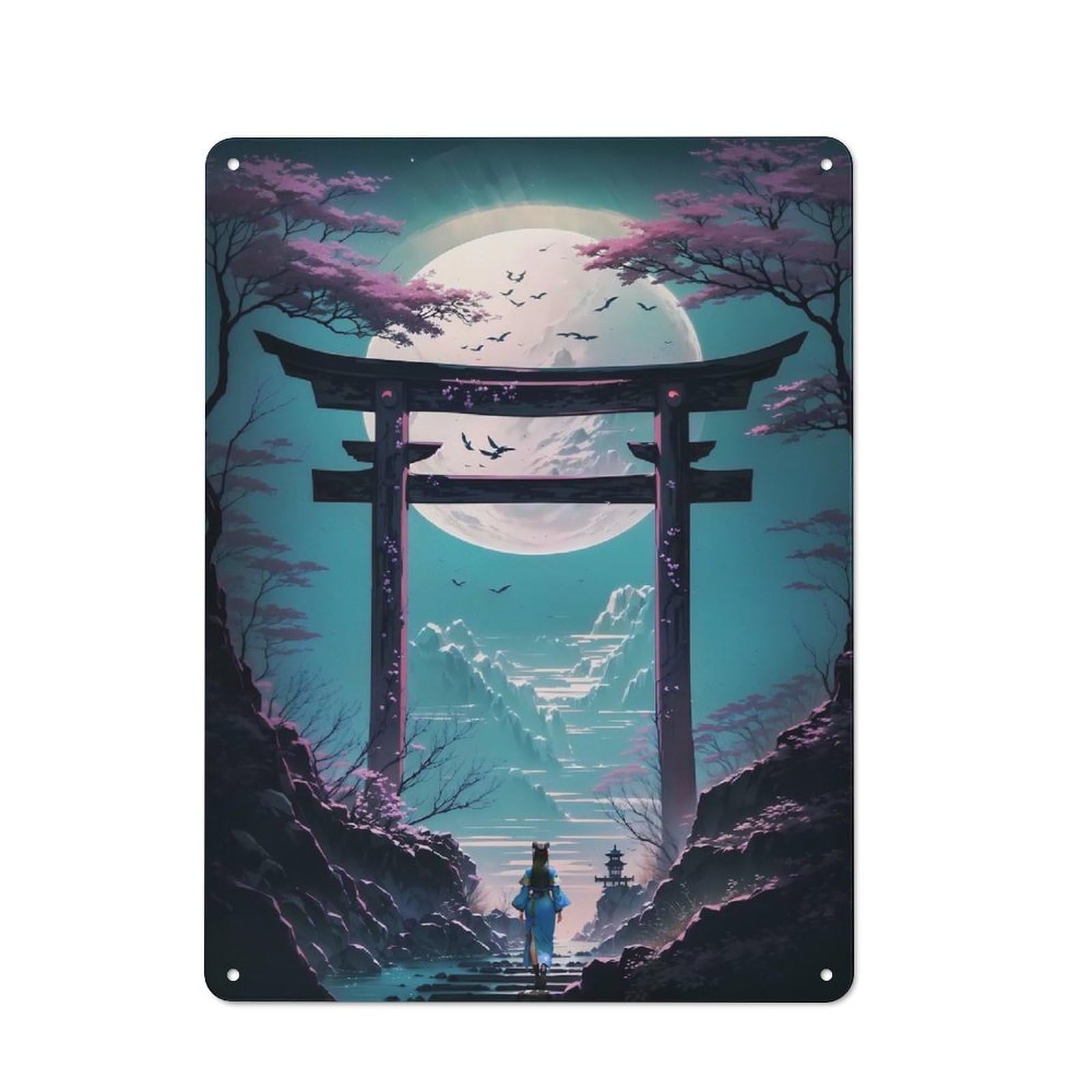 Metal Wall Art Sign with Geisha Moonlit Torii Design 40x30cm, Modern Retro Urban Room Decor for Workspace, Cafe, Hallway Or Garage