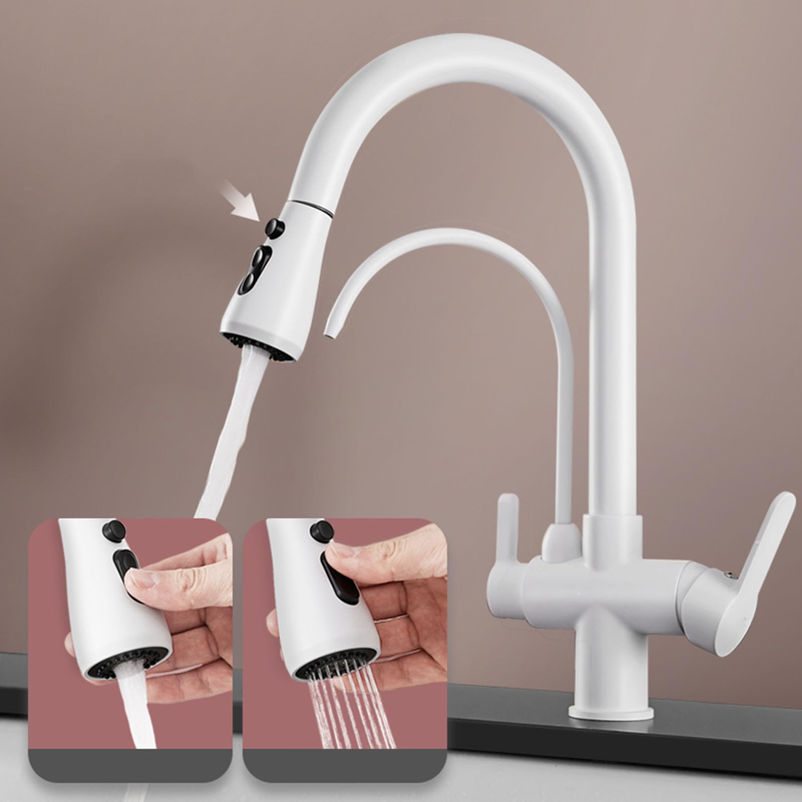 Grifo de Cocina de 3 vías, Grifo de Cocina Blanco extraíble, Grifo Giratorio de latón para Fregadero de Cocina, 3 vías, Blanco Enterprise