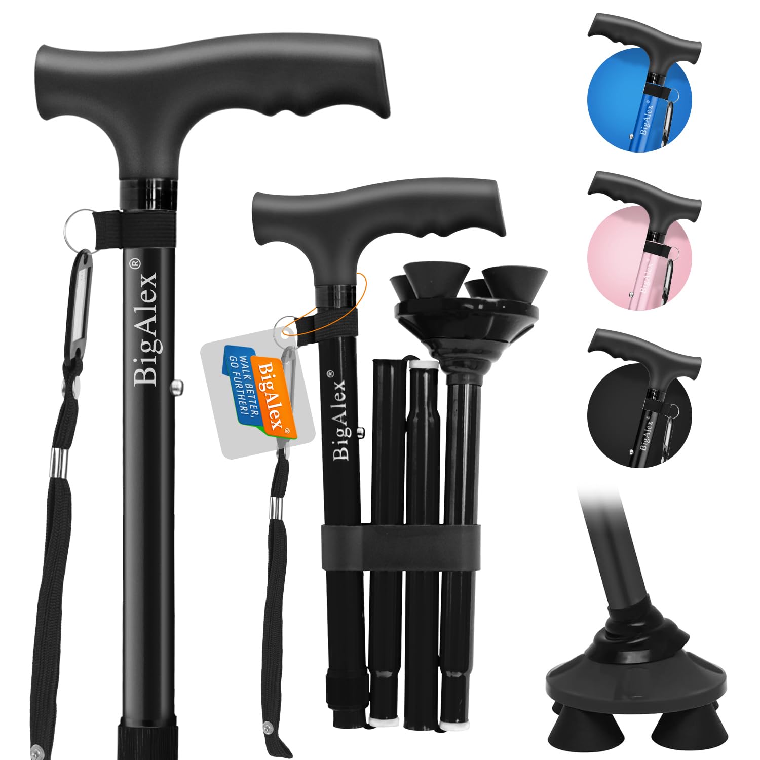 BigAlex Folding Walking Cane for Elderly Adjustable & Portable Walking Stick for Seniors,Pivoting Quad Base,Lightweight,Collapsible with Carrying Bag for Men/Woman