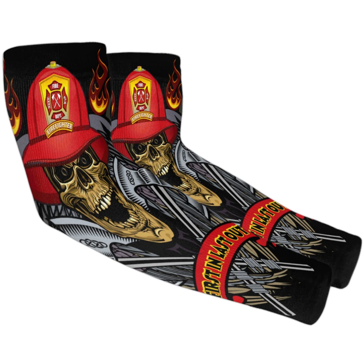 XMNYGJ Firefighter Skull Tattoo Arm Sleeves with Thumb Hole Gardening Sleeves UV Sun Protection Arm Covers for Women Men Farmer Outdoor Sports Work Running Cycling Hiking