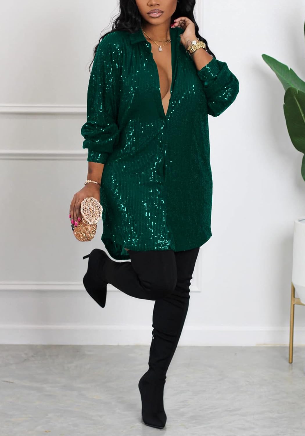 Midi Sequin Dress for Women Sparkle Button Down Sexy Shirt Dresses Long Sleeve Party Club Dress - Image 2