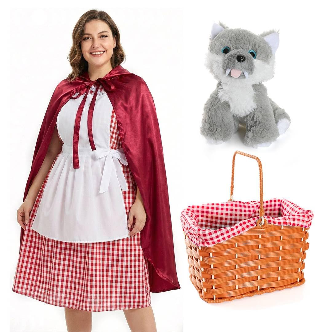 Ladies Red Riding Hood Costume - XX-Large - Gingham Apron Dress, Cape, Plastic Gingham Basket and Plush Toy Wolf - Adults Womens Storybook World Book Day Fancy Dress Costume