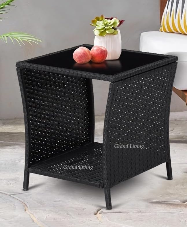 Image of Grand Living Outdoor Wicker Patio Garden Table Glass Top and Storage Shelf, Weather-Resistant for Terrace, Lawn,& Balcony (Black)