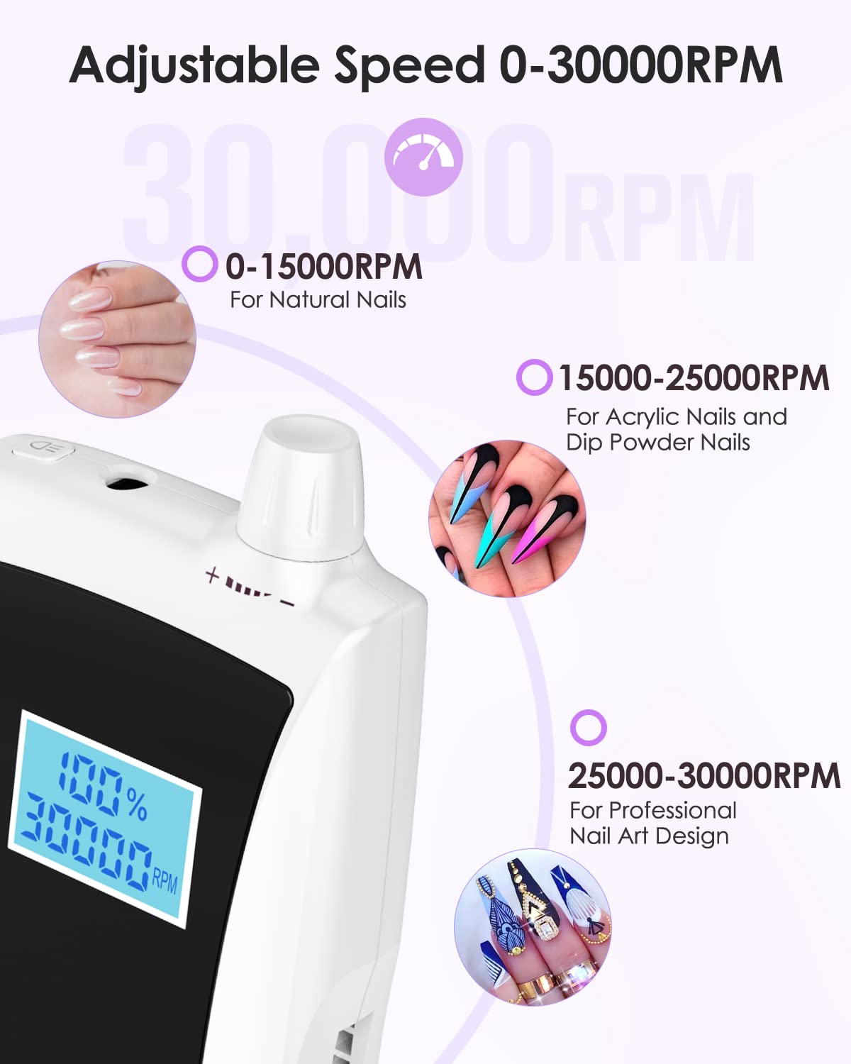 Beloving Nagelbohrer, 30000 U/min, wiederaufladbar, elektrische Nagelfeile, professionell mit Geschwindigkeitsanzeige, Schleifbänder und Bits, tragbares Efile für Acryl-Dip-Gelnägel, Maniküre,