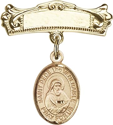 Gold Filled Baby Badge with St. Bede The Venerable Charm and Arched Polished Badge Pin 7/8 X 3/4 inches