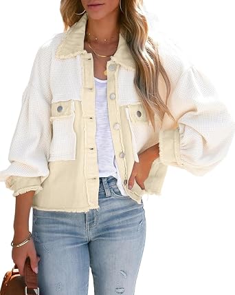 chouyatou Womens Cropped Waffle Knit Jacket Boyfriend Button Down Shirt Shacket Tops