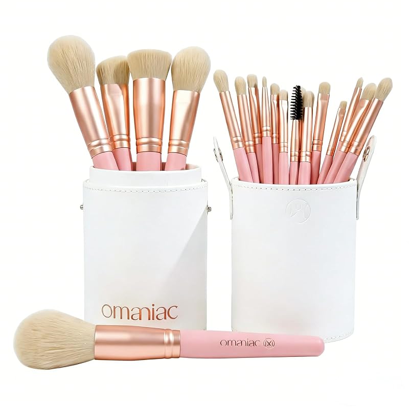 Kit com 20 Pincéis de Maquiagem OMANIAC com Estojo, Fibras Sintéticas, Rosa e Rose Gold