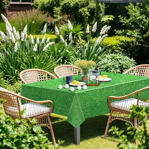 Image of 54 x 108 Inch Grass Party Tablecloths Disposable Plastic Green Table Cover for Golf Birthday Party Hole in One Decorations Outdoor Indoor Supplies